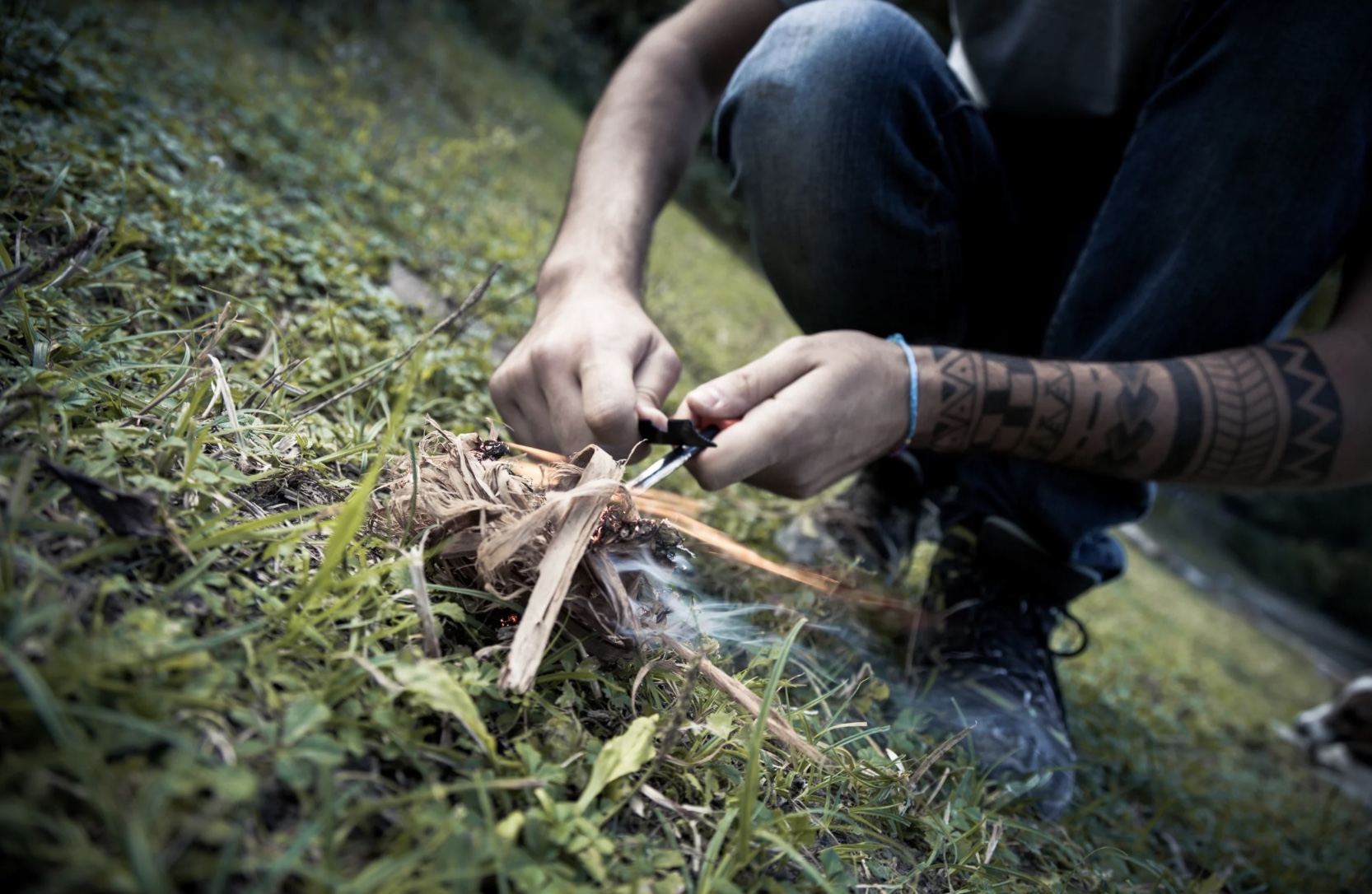 Building a fire in the woods